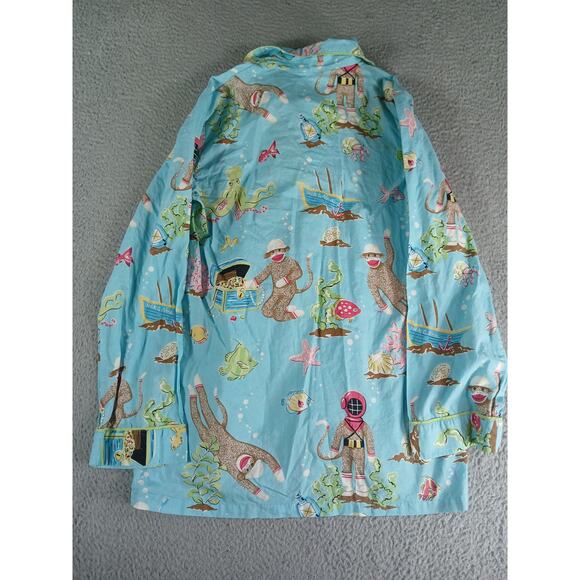 Nick & Nora Pajama Set Womens Small Blue Flannel Sock Monkey Mermaid Ocean Sea - Picture 6 of 14
